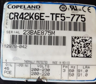 Copeland CR42K6E-TF5-755, 220V, 3 PH, R22, Reciprocating - Image 1 of 2