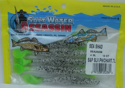 Bass Assassin SSA25238 4" Sea Shad 10 Pk Salt & Pepper Sil Ph/Chart Tail - Imagem 1 de 2