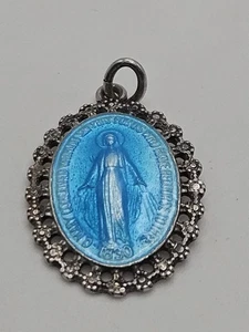 Vintage Hayward Sterling Silver Blue Enamel Miraculous Catholic Medal Charm - Picture 1 of 9