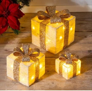 LED Geschenk Boxen 3er Set - CREME - Weihnachten Deko Beleuchtung Timer Batterie - Bild 1 von 2