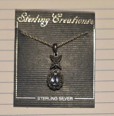 Sterling Silver Blue flower 18 inch necklace simulated topaz marcasite vintage  - Image 1 of 4