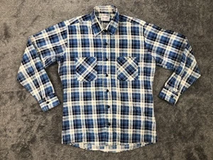 Vintage Wrangler Shirt Mens Medium Blue Plaid Flannel Button Front Made USA - Picture 1 of 18