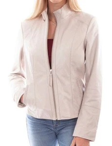 NWT Scully Beige 100% Leather Zip Front Stand Up Collar Jacket Medium #WX13-15 - Picture 1 of 15