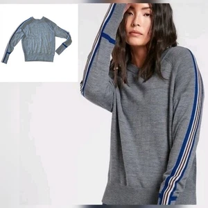 Athleta Canyon Sweater Merino Wool Gray Blue White Stripe Thumbhole Sleeve XS - Picture 1 of 9