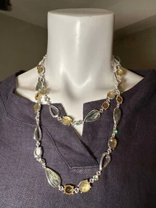 Anne Klein Crystal Necklace Yellow Blue Silver Tone Long or Double Wrap 42" New - Picture 1 of 15
