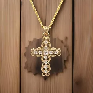 Vintage Jewelry Gold Toned Rhinestone Cross Necklace - Picture 1 of 12