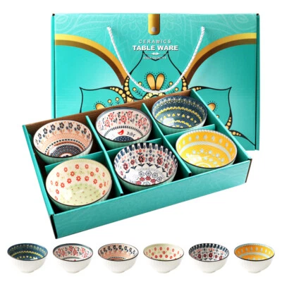 Juego de 6 tazones de arroz de cerámica de 10 oz, juego de regalo de tazón de estilo bohemio para cereales, frutas Foto 1 de 4