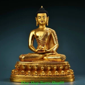 16" Tibet Pure Bronze Gilt Inlay Gem Amitayus auspicious Medicine Buddha Statue - Picture 1 of 13