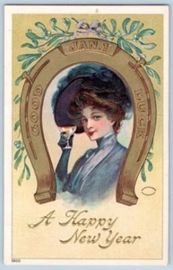 1908 A HAPPY NEW YEAR JAN 1 GOOD LUCK HORSESHOE PRETTY WOMAN EMBOSSED POSTCARD 1 - Picture 1 of 2