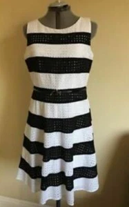 NWT Calvin Klein Striped White-Black Cotton Belted Fit & Flare Dress Size 12 - Picture 1 of 7