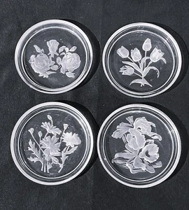 Val Saint Lambert Crystal INTAGLIO FLEURS Frosted Flowers 3 ½” Coasters – set of - Picture 1 of 4