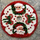 Vtg Christmas Holiday Tree Skirt Rug Latch Hook Santa Claus Bows 34”