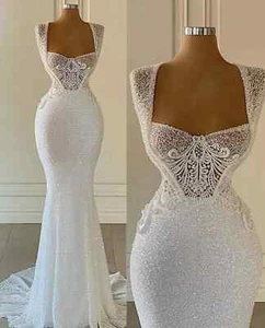 Elegant Mermaid Wedding Dresses Bridal Gown Lace Applique Sleeveless Sparkly - Picture 1 of 6