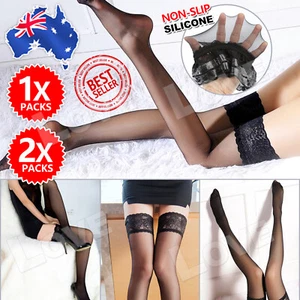 Women Sheer Lace Top Non-slip Thigh High Stockings Hold-up Pull up Stay up - Picture 1 of 13