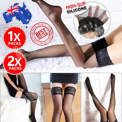 Women Sheer Lace Top Non-slip Thigh High Stockings Hold-up Pull up Stay up - image 1 of 4