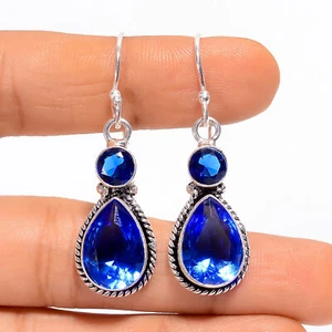 Orecchini pendenti in argento 925 bigiotteria moda topazio blu - Foto 1 di 3