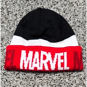 Marvel Beanie Hat Black White Red Logo One Size Kids - Picture 1 of 4
