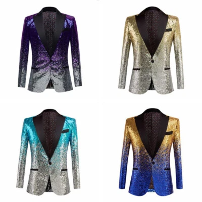 Glitter Men Two Tone Gradient Sequins Jacket Suit Blazer Coat Wedding Party Chic - Image 1 of 4