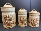 set/3 vintage 70s Retro Pottery Craft tan & brown kitchen canisters w/ lids EUC