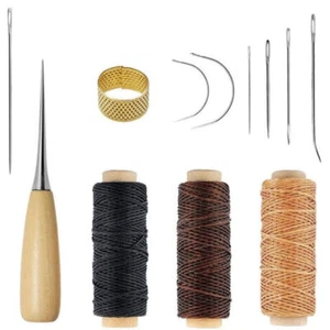Sewing Awl Wood Waxed Craft Drilling Set Needles Thread Tools Leather Repair - Picture 1 of 12