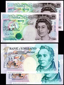 ENGLAND 5 PFUND KIEME (B357) ERSTES PRÄFIX A01001237/001238 AUFEINANDERFOLGENDES PAAR UNC - Bild 1 von 1