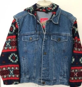 Vintage 90s Tomorrow's Generation Denim Jean Jacket Hoodie Fleece Aztec Print M - Picture 1 of 14