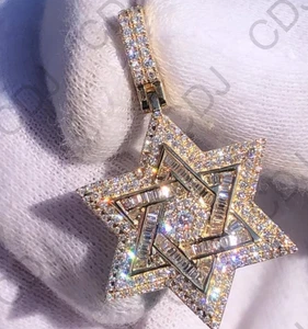 Fancy D/VVS Baguette Moissanite Men's Star Charm Pendant 925 Silver Free Stud - Picture 1 of 4