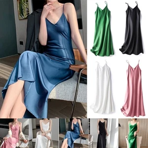 New Practical Dress Nightdress Sleeveless Solid Color V Neck Faux Satin - Picture 1 of 37