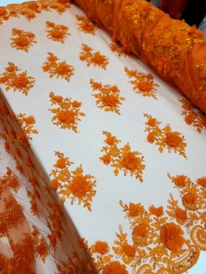 Fabric By The Yard Orange 3d Floral Lace Beaded Embroidery Prom Dress Bridal - Image 1 of 4