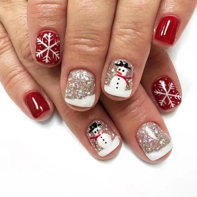 JUSTOTRY 24 Pcs Christmas False Nails Short,White and Red Square Press on Nails