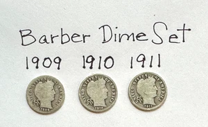 1909, 1910 & 1911 BARBER SILVER DIMES LOT OF 3 DIFFERENT DATES *VERY NICE SET* - Picture 1 of 3
