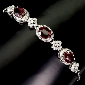 925 Sterling Silver Bracelet Oval Ruby 7x5mm Natural Gemstone Jewelry 7 Inches - Picture 1 of 13