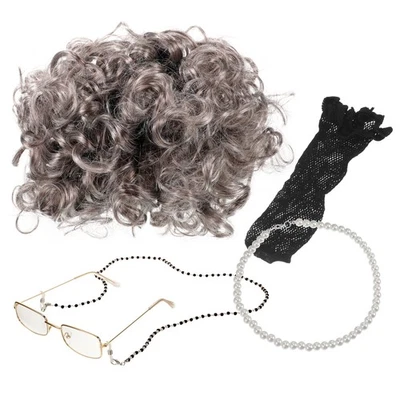 Old Lady Cosplay Kit Outfit Accessories Mrs Claus Glasses Party Wigs - Image 1 of 4