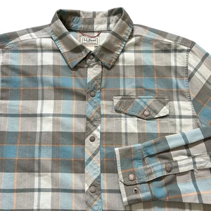 LL BEAN Mountainside Brushed Performance Shirt Size LARGE TALL Blue Plaid Snap - Picture 1 of 11