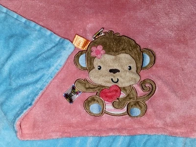 VTG 2012 Taggies Pink Monkey Heart Baby Blanket Plush Blue Ribbon Tags - Image 1 of 4