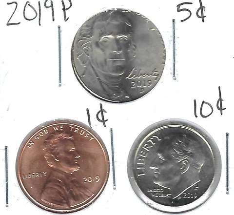 2019 Three Philadelphia Brilliant Uncirculated  Cent, Nickel & Dime Coins! Cover