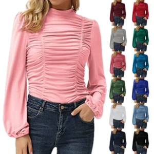 Damen Rüschen Rüschen Puff Langarm Bluse Slim Fit Basis Hemd Freizeit Arbeit Tops - Bild 1 von 25