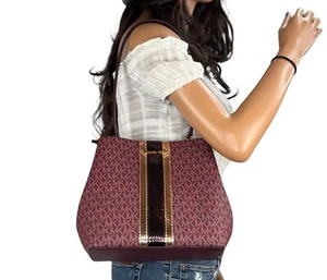 MICHAEL KORS PRATT MD BUCKET SHOULDER TOTE BAG CENTER STRIPE MK OXBLOOD MULTI - Picture 1 of 9