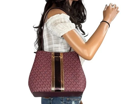 MICHAEL KORS PRATT MD BUCKET SHOULDER TOTE BAG CENTER STRIPE MK OXBLOOD MULTI - Image 1 of 4