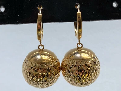 18k Yellow Gold Diamond Cut Ball Dangling Hoop Huggie Earrings 1.125 Inches - Image 1 of 4