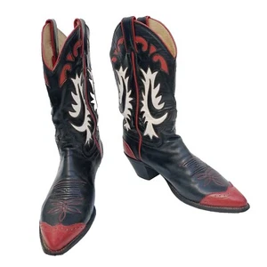 Vtg 80s Justin Western Rockabilly Boots Black Red & White Womens 7.5 B USA Made - Picture 1 of 12
