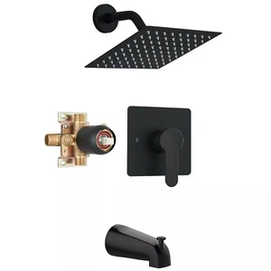 Matte Black Wall Mounted Shower Faucet Set System 8 in Rainfall Head W/Tub Spout - Picture 1 of 15