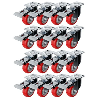 SGTALL 16 Pack 3" Caster Wheels Swivel Plate Total Lock Brake Red Polyurethane