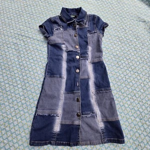Girls Blue Patchwork Stretch Denim Dress Jolt Jeans Cap Short Sleeve Buttons 10 - Picture 1 of 5
