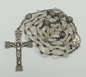 28” Antique Rosary - Sterling Silver & Cut Crystal Beads - Holy Crucifix - Jesus - Picture 1 of 19