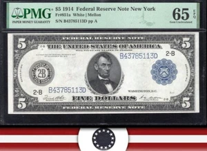 1914 $5 NEW YORK FRN FEDERAL RESERVE NOTE PMG 65 EPQ Fr 851a 85113 - Picture 1 of 3