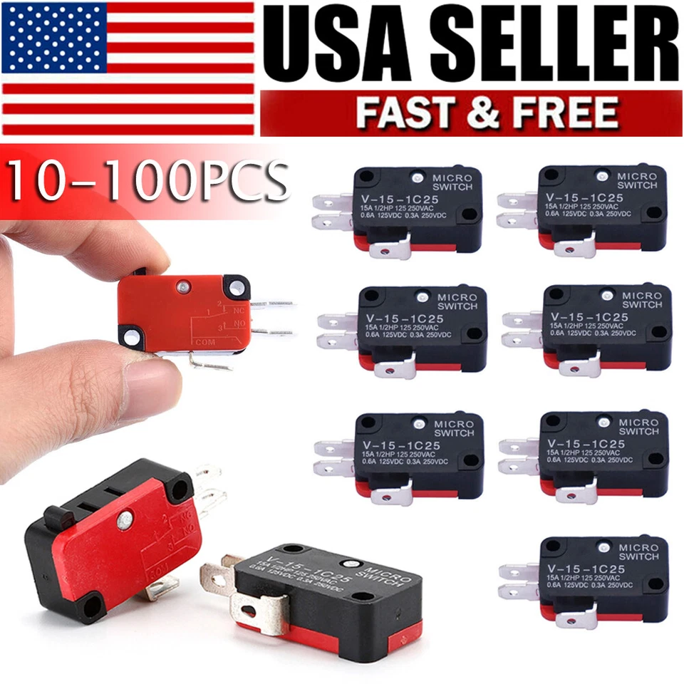 10-100PCS V-15-1C25 Micro Limit Switch SPDT Momentary Snap Button AC 250V 15A - Image 1 of 4