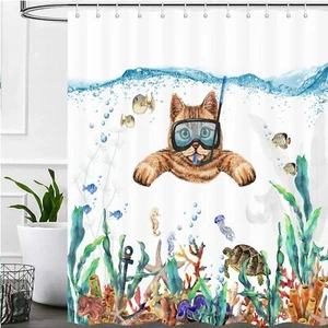 Cortinas de Ducha Coral Peces Tropicales Buceo Gato, para Decoración de Baño con 12 Ganchos - Imagen 1 de 8