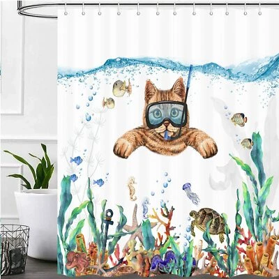 Cortinas de Ducha Coral Peces Tropicales Buceo Gato, para Decoración de Baño con 12 Ganchos Foto 1 de 4
