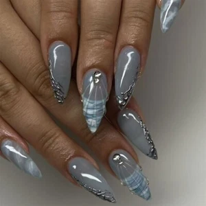 24x Almond Shape Press On Nail Rhinestones False Nail Full Cover on Nail - Picture 1 of 8